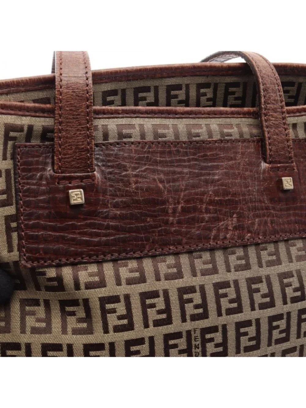 Fendi Tote Bag Zucchino Beige Brown Canvas Leather